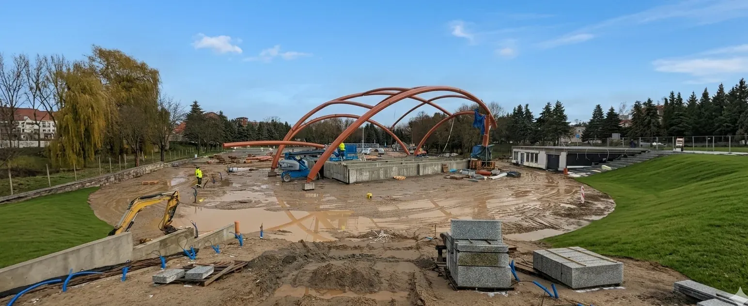 Estrutura em aço de pavilhão industrial durante a instalação