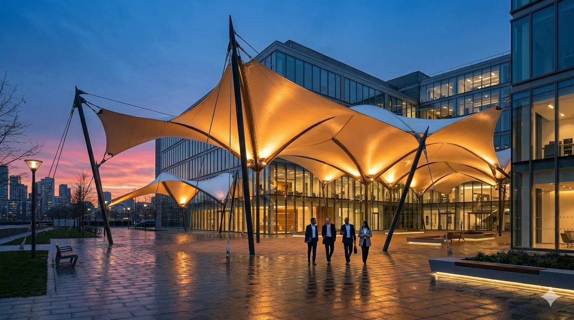 Membranowe zadaszenie wejścia do budynku biurowego